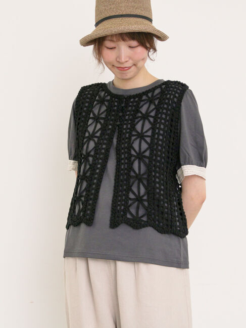 Samansa Mos2「【汗染み防止】袖口レースパフスリーブTシャツ」|Tシャツ・カットソー|