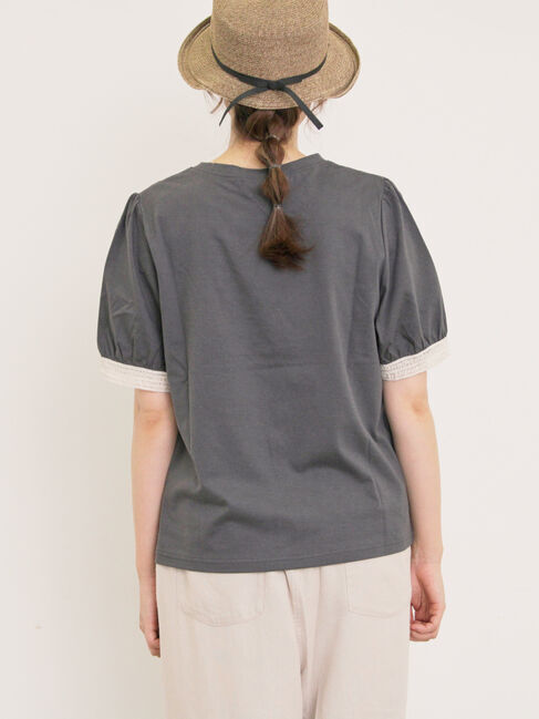 Samansa Mos2「【汗染み防止】袖口レースパフスリーブTシャツ」|Tシャツ・カットソー|