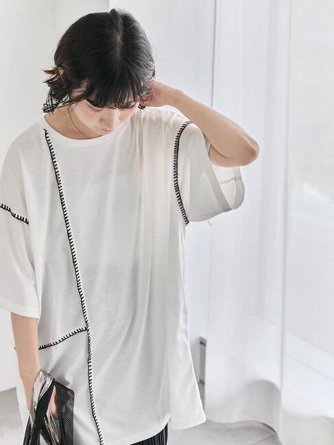 Samansa Mos2 blue「◎【接触冷感】切替ステッチチュニック」|Tシャツ・カットソー|