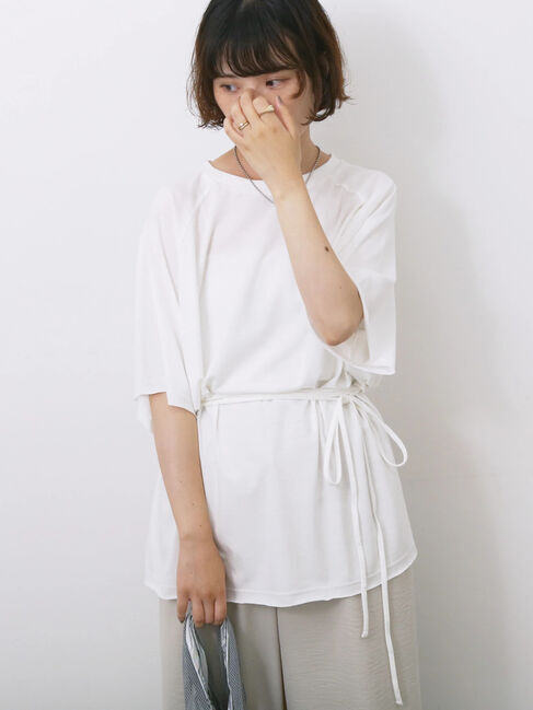 Samansa Mos2 blue「◎【接触冷感】ウエストリボンTシャツ」|Tシャツ・カットソー|