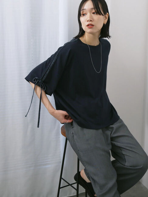 Samansa Mos2 blue「◎【接触冷感】ベロアラインリボンTシャツ」|Tシャツ・カットソー|