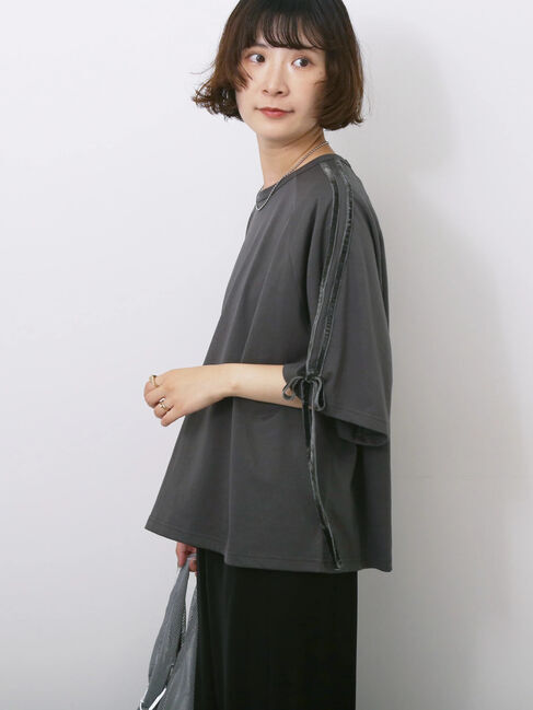 Samansa Mos2 blue「◎【接触冷感】ベロアラインリボンTシャツ」|Tシャツ・カットソー|