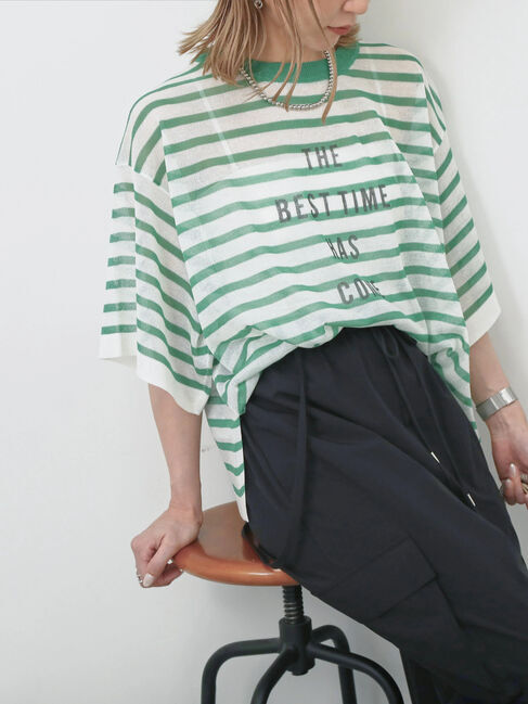 Samansa Mos2 blue「ボーダーロゴニットプルオーバー」|ニット・セーター|