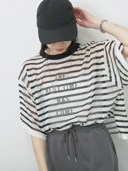 Samansa Mos2 blue「ボーダーロゴニットプルオーバー」|ニット・セーター|