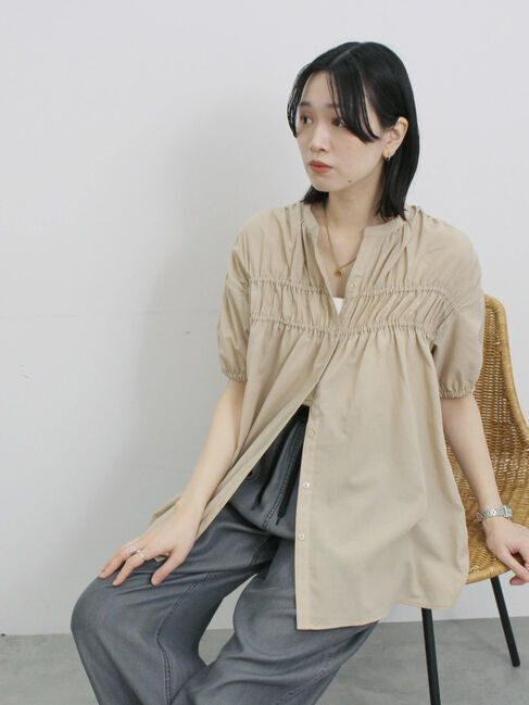 Samansa Mos2 blue「シャーリングチュニック」|シャツ・ブラウス|