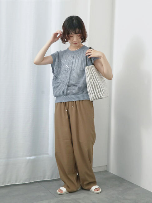 Samansa Mos2 blue「麻タッチパッチワークニットベスト」|ニット・セーター|