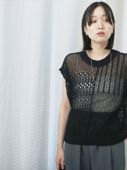 Samansa Mos2 blue「麻タッチパッチワークニットベスト」|ニット・セーター|