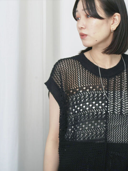 Samansa Mos2 blue「麻タッチパッチワークニットベスト」|ニット・セーター|