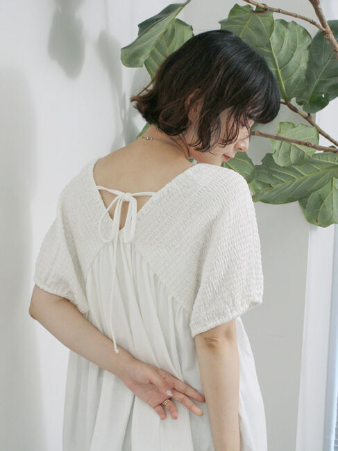 Samansa Mos2 blue「◎【接触冷感】シャーリングVネックプルオーバー」|Tシャツ・カットソー|