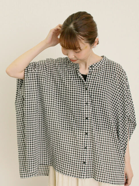 Samansa Mos2「柄アソート肩タックバンドカラーチュニック」|シャツ・ブラウス|ブラック