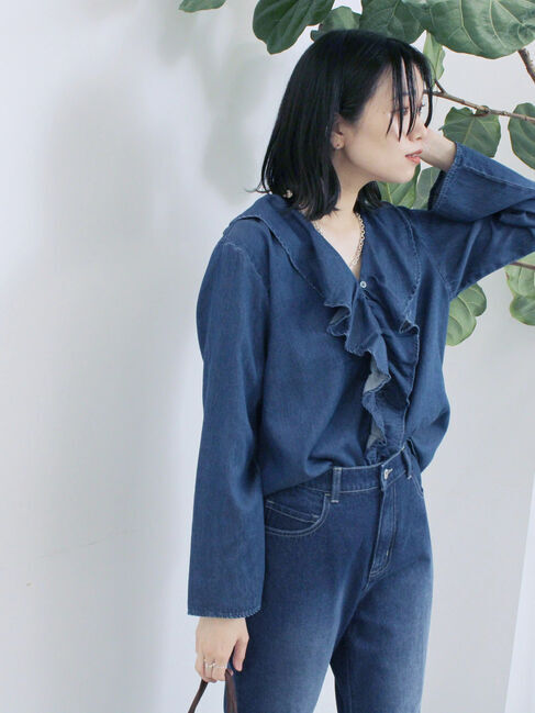 Samansa Mos2 blue「【ECO DENIM 】フリルブラウス」|シャツ・ブラウス|