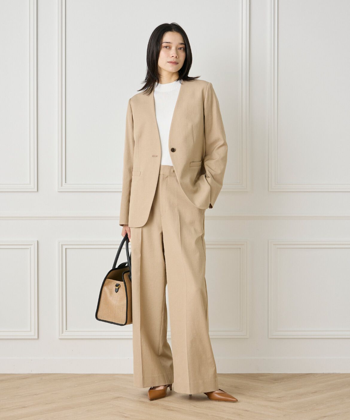 INED「綿麻ノーカラージャケット」|ノーカラージャケット|