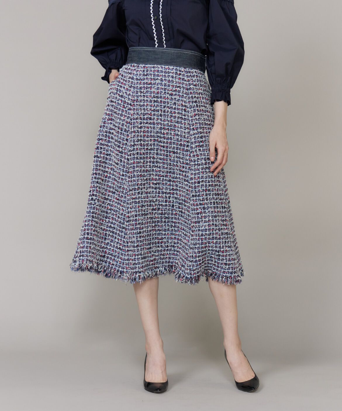 Maglie le cassetto「《M Maglie le cassetto》デニムファンシーツイードスカート」|フレア|ネイビー