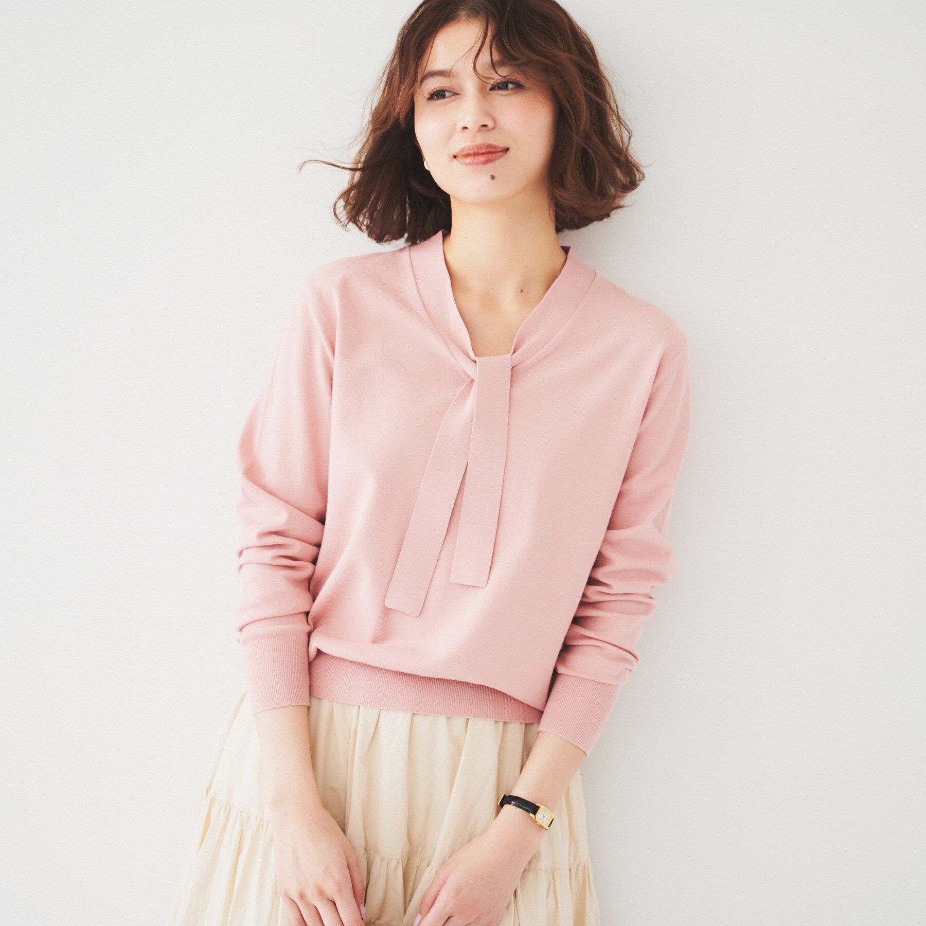 UNTITLED「【アンサンブル可能】ボウタイ 配色プルオーバーニット」|ニット・セーター|