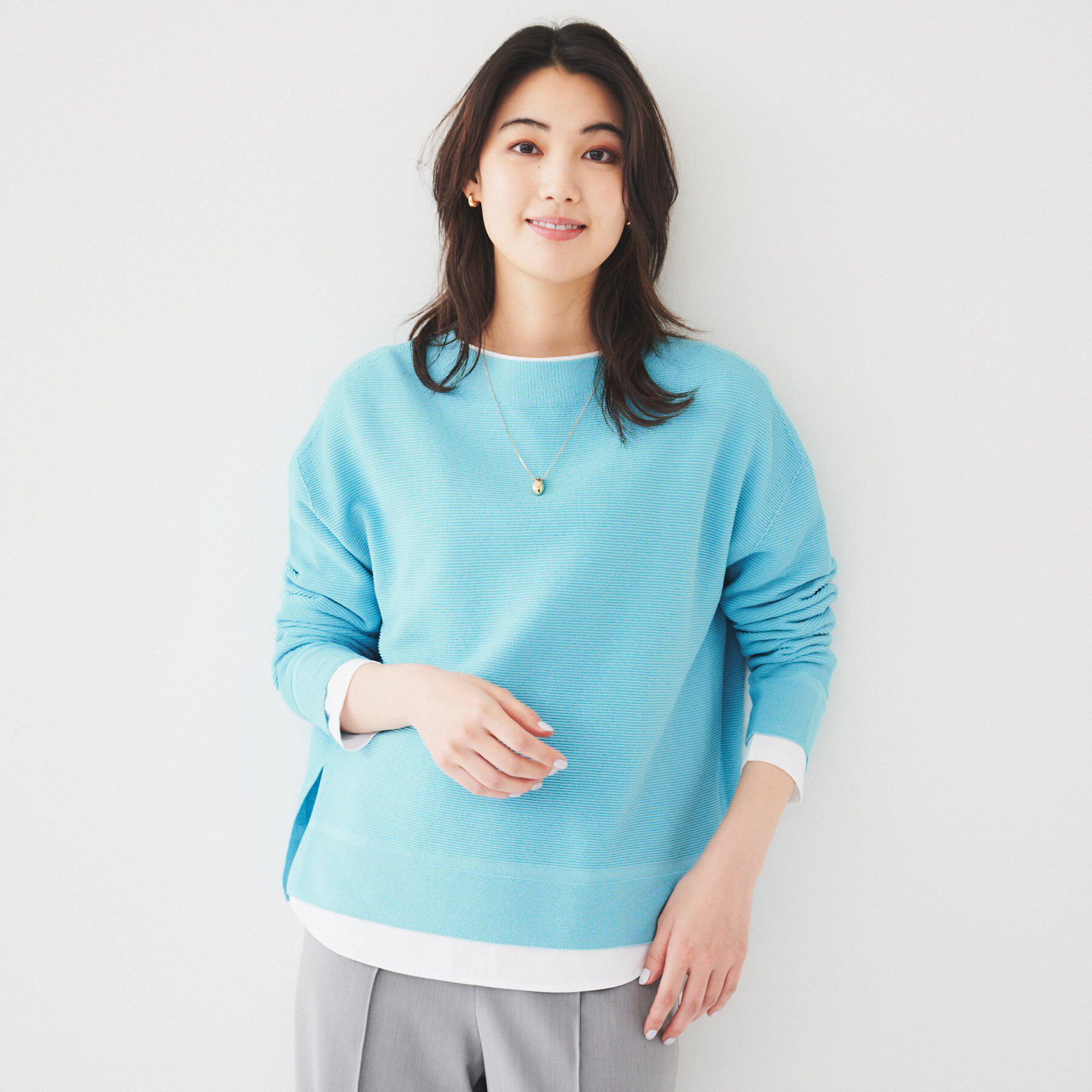 UNTITLED「【体型カバー/春素材】コットン混 ガーターニット」|ニット・セーター|ブルー(092)