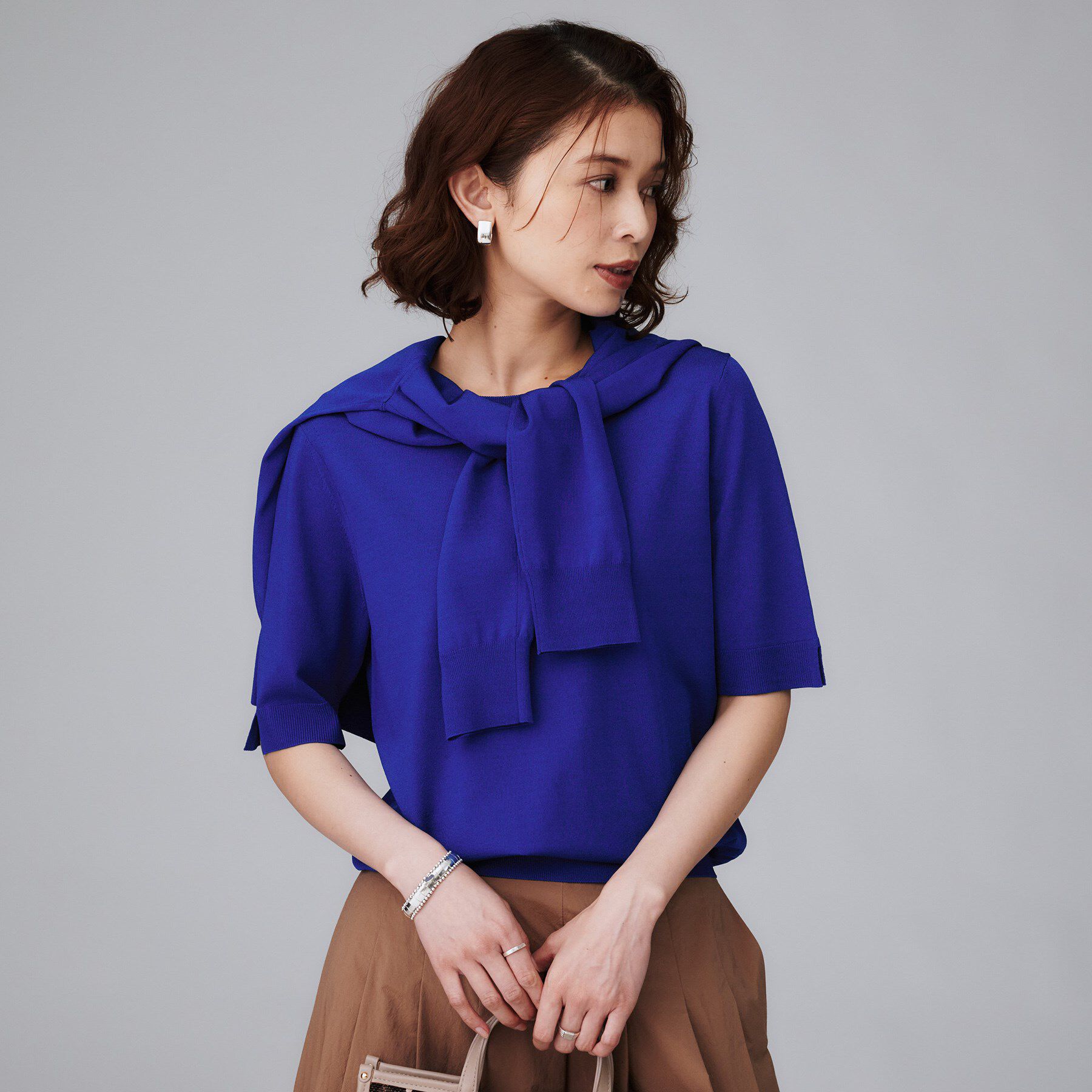 UNTITLED「【アンサンブル可/薄手/洗える】5分袖クルーニット」|ニット・セーター|ブルー(093)