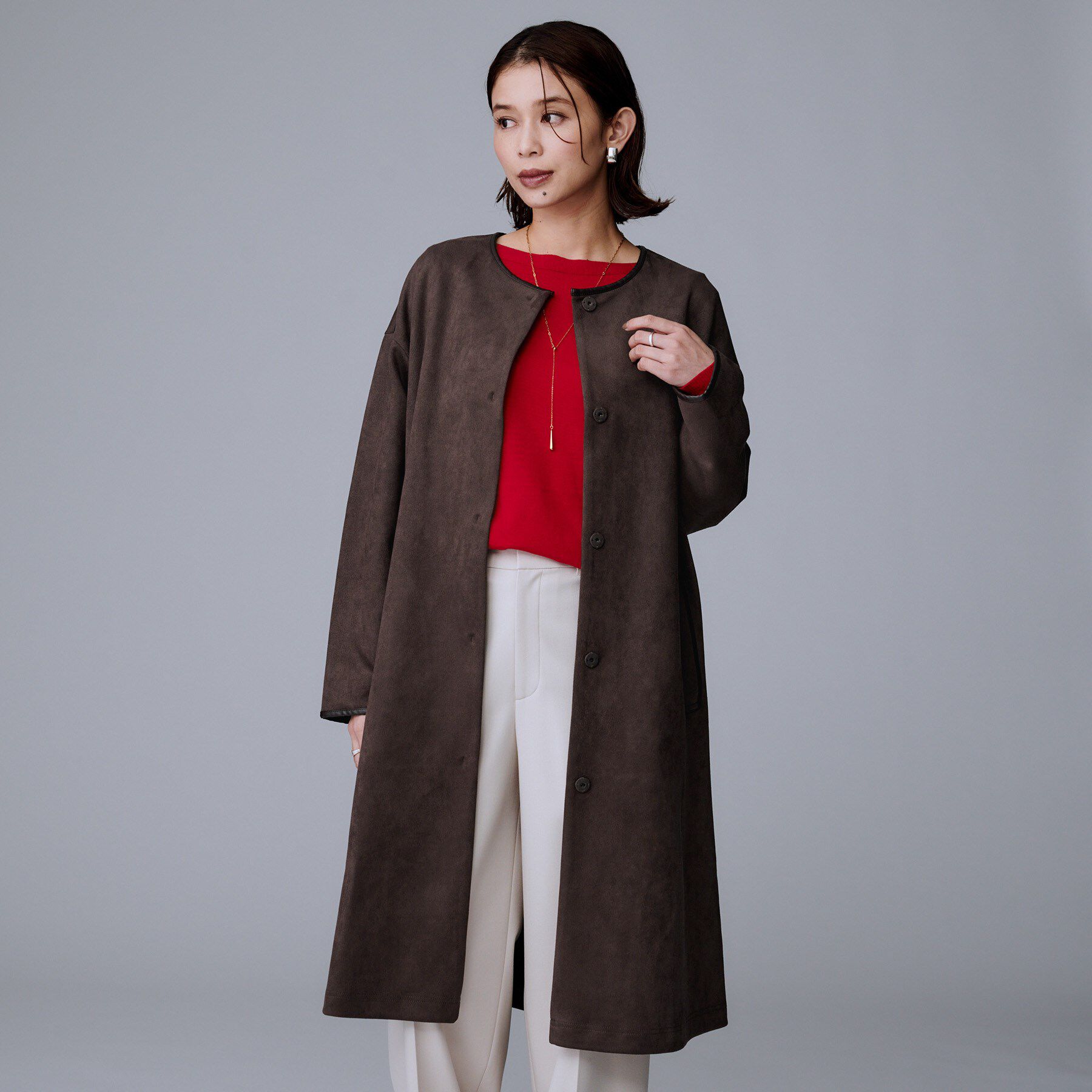 UNTITLED「【洗える/軽羽織り】マシュマロタッチ　スエード調コート」|ノーカラーコート|