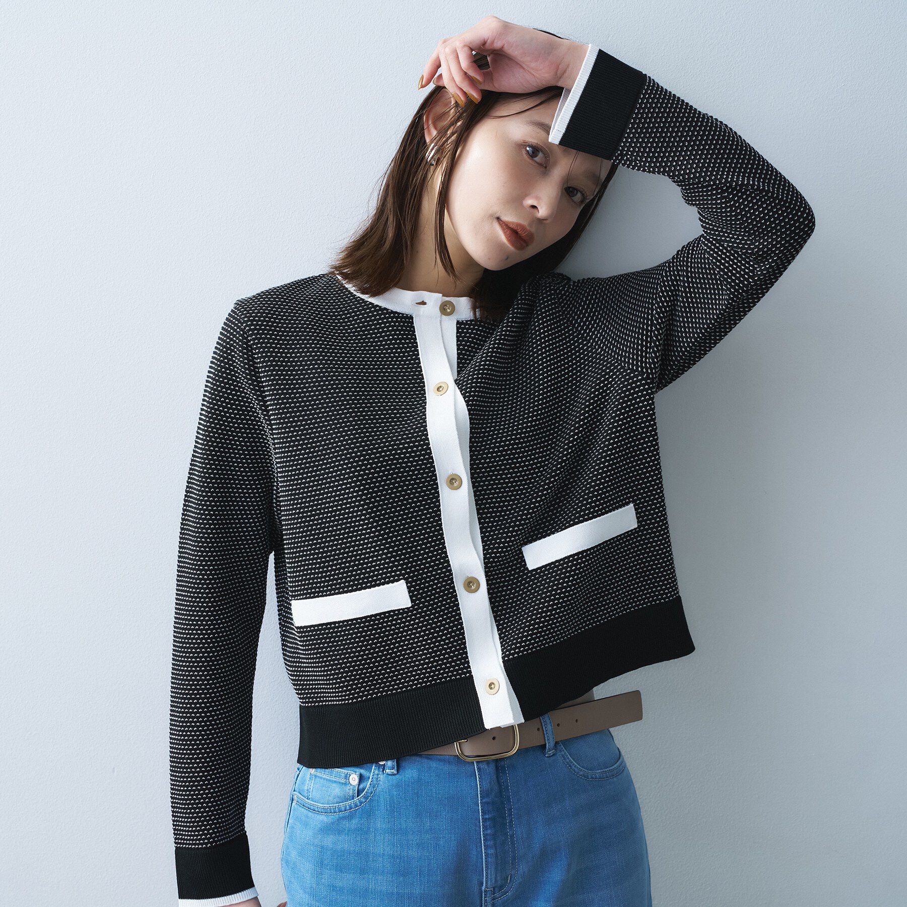 UNTITLED「【セットアップ可/ツイード風】配色ハイゲージニットカーディガン」|カーディガン|ブラック(519)