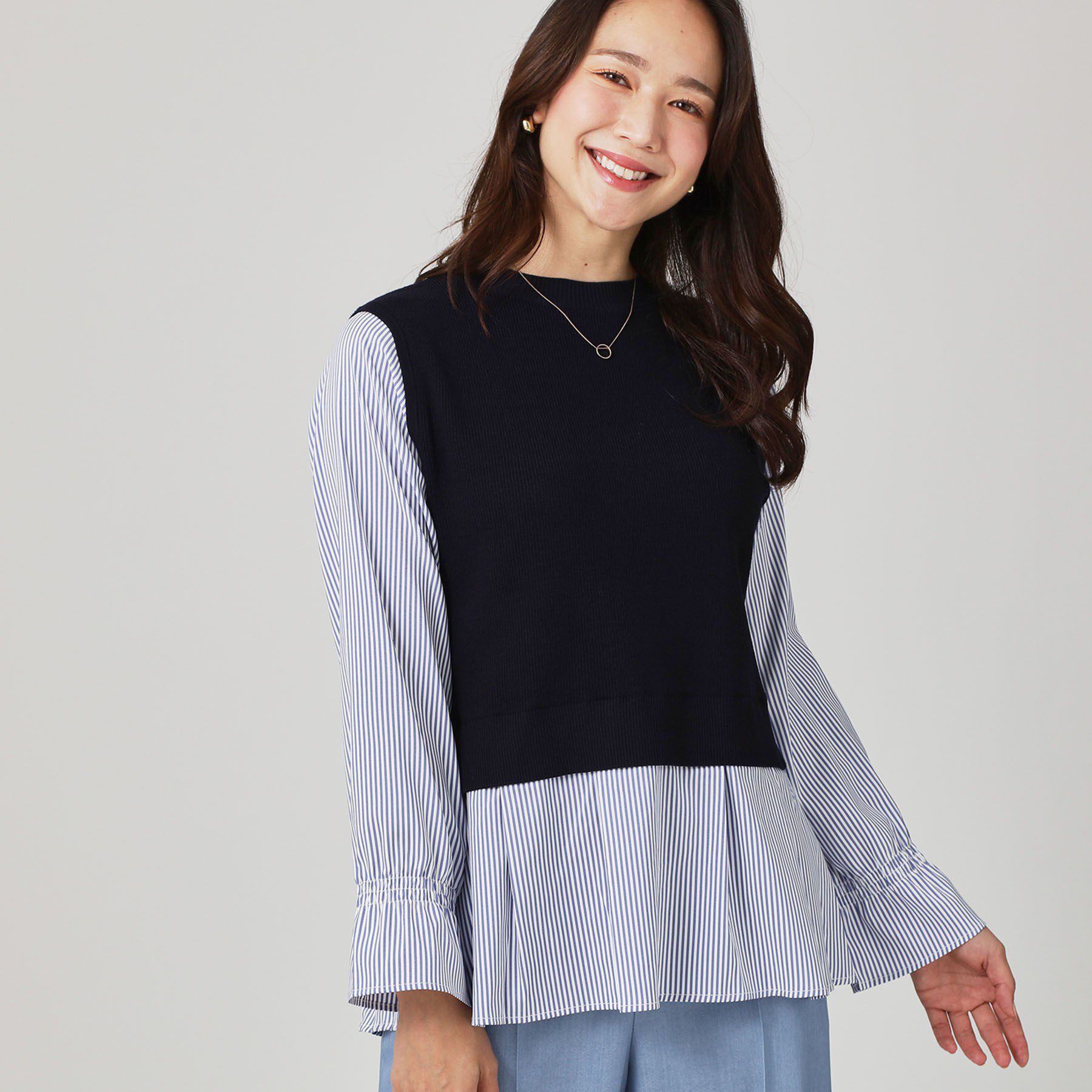 COUP DE CHANCE「【手洗い可】重ね着風ニットトップス」|ニット・セーター|ネイビー(494)