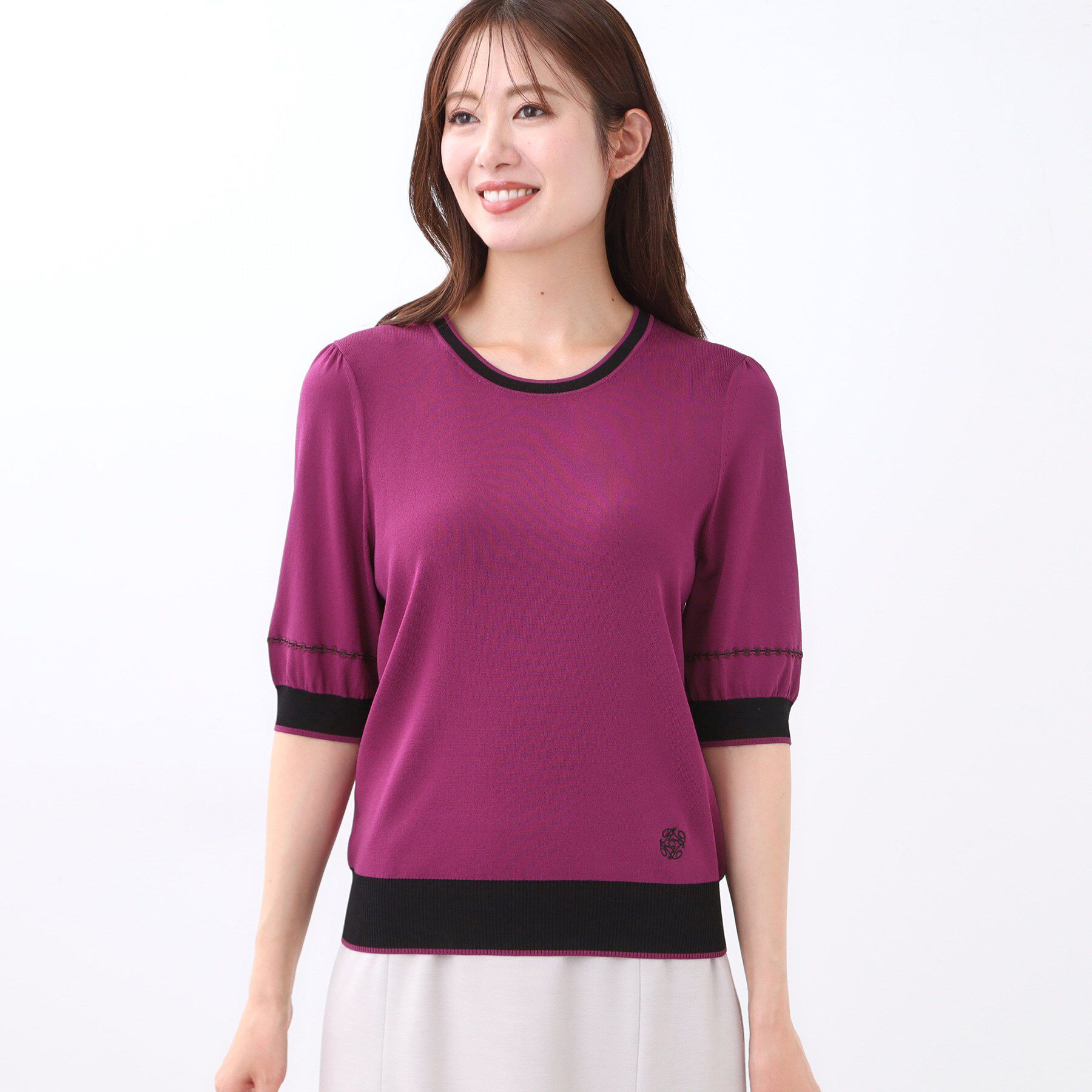 Reflect「【WEB先行カラーあり／手洗い可／アンサンブル可】バイカラー五分袖ニット」|ニット・セーター|