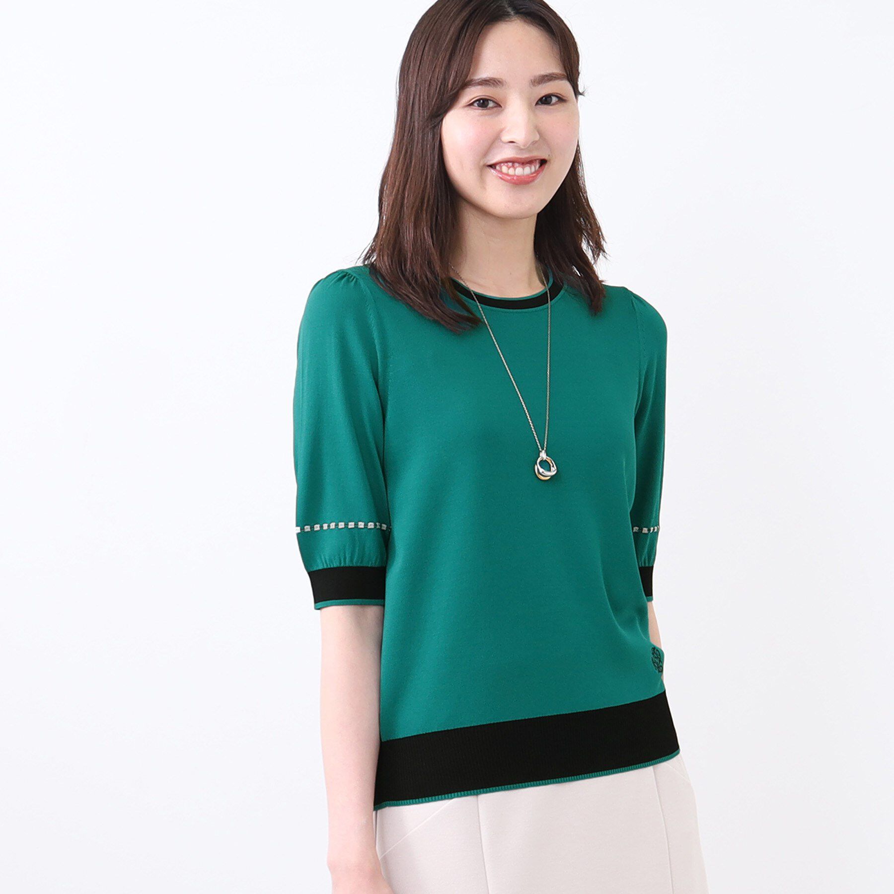 Reflect「【WEB先行カラーあり／手洗い可／アンサンブル可】バイカラー五分袖ニット」|ニット・セーター|ブルーグリーン(59