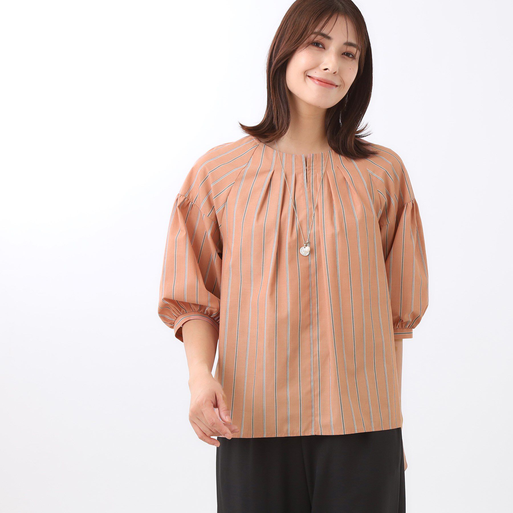 Reflect「【E‐QUALITY／体型カバー／ゆったり着られる◎】ストライプ&times;パフスリーブのブラウス」|シャツ・ブラウス|