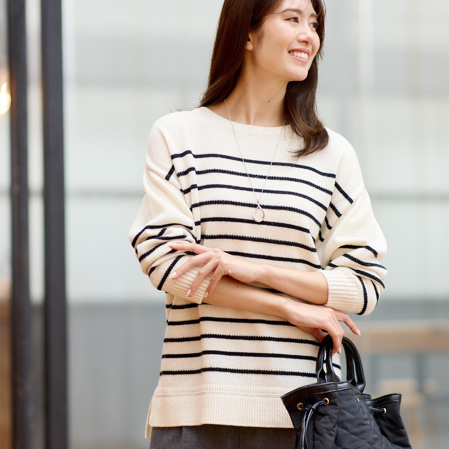 Reflect「【ゆったり着られる◎】ボートネックボーダーニット」|ニット・セーター|オフホワイト(303