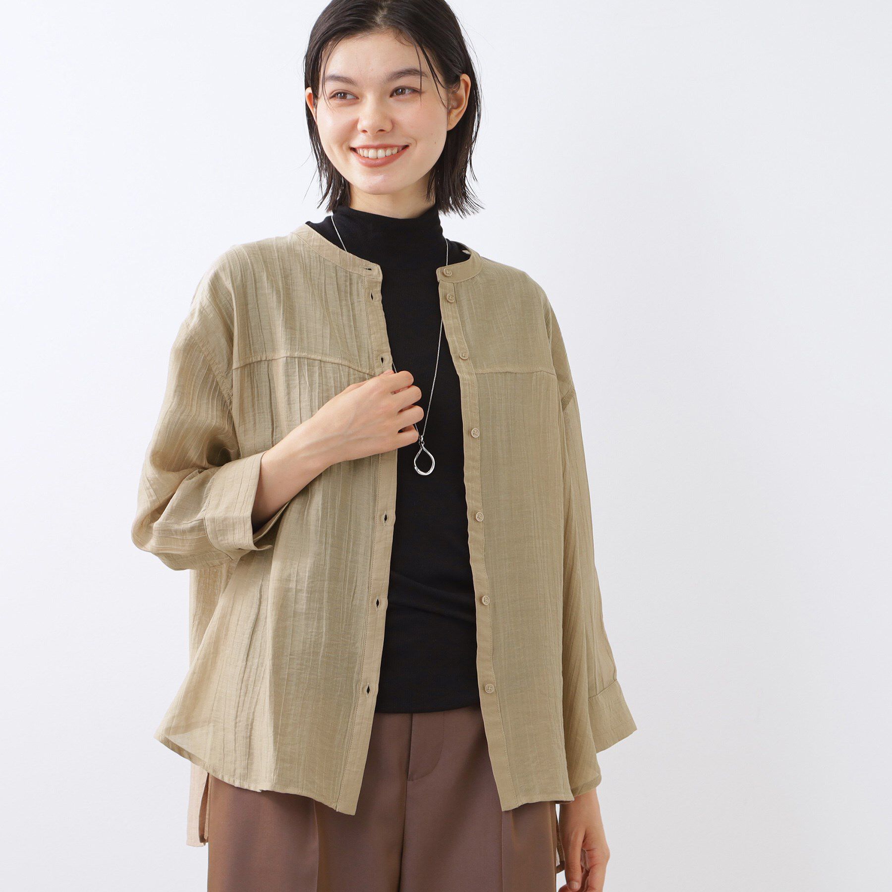 Reflect「【重ね着でも一枚着でも◎】バンドカラーオーバーサイズシャツブラウス」|シャツ・ブラウス|グレージュ(050)