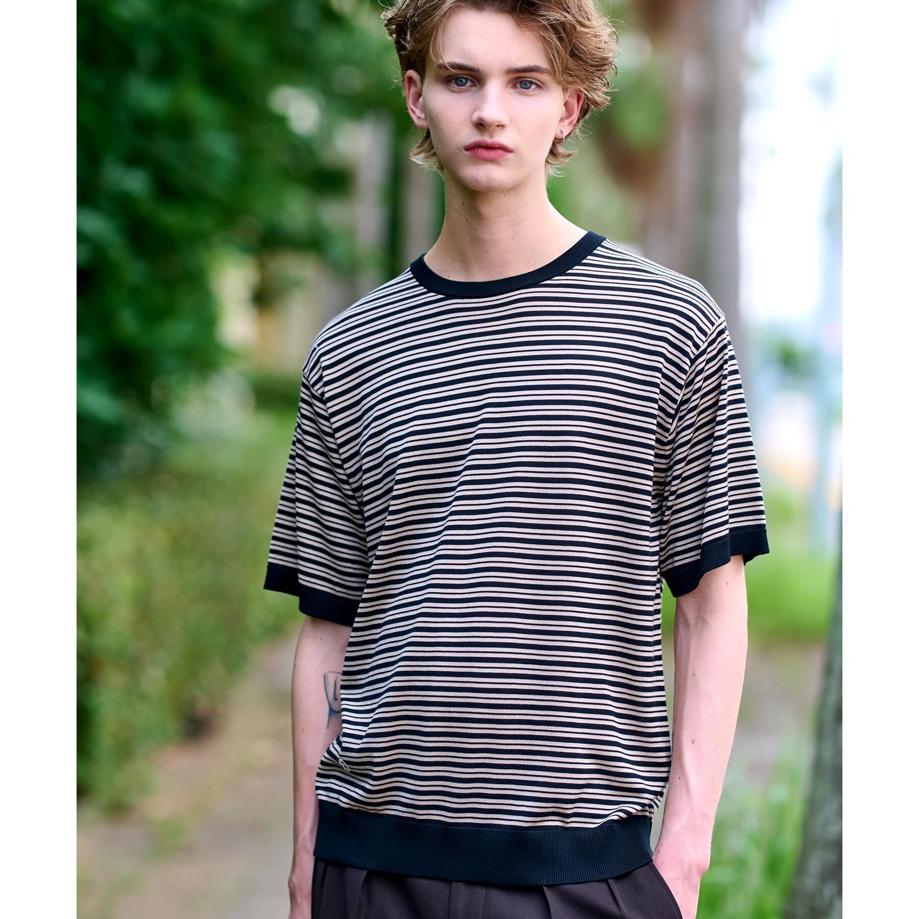 DRESSTERIOR「シルク混ボーダーハーフスリーブニットT」|ニット・セーター|