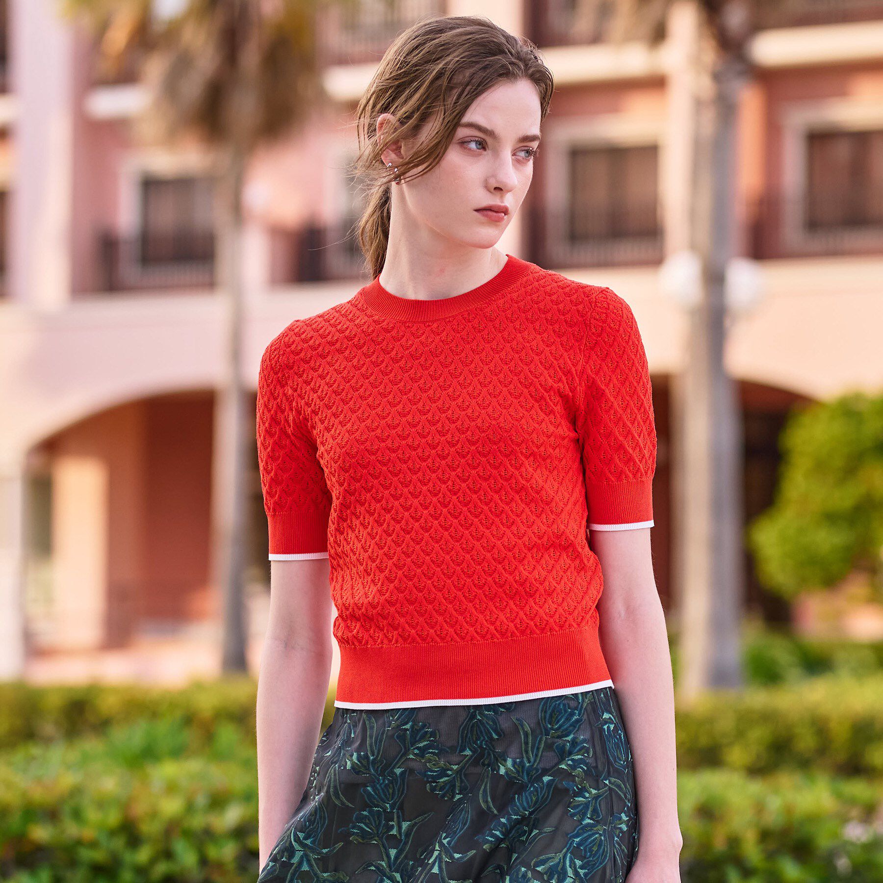 DRESSTERIOR「【6色展開/オンオフ】レース編みハーフスリーブニット」|ニット・セーター|