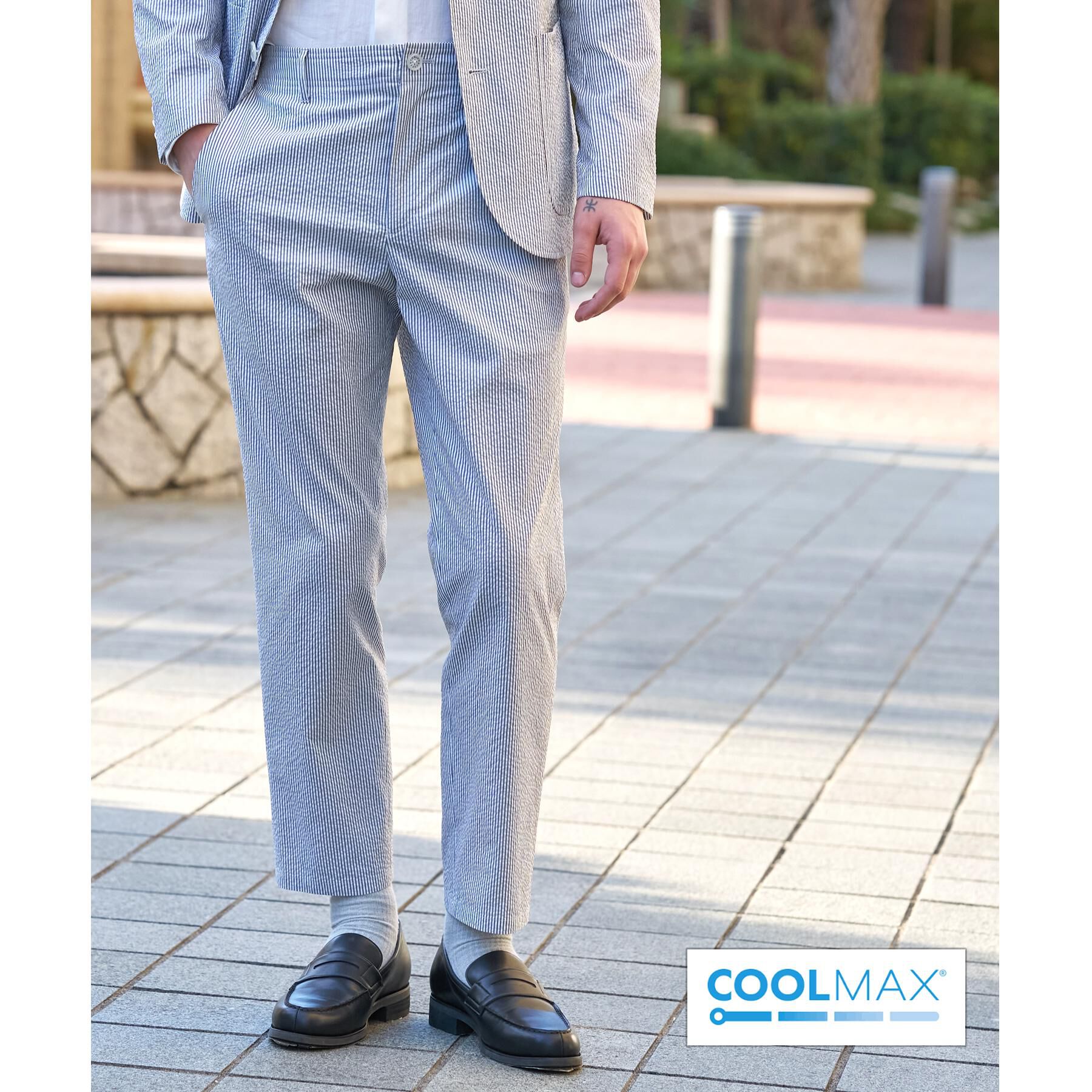 DRESSTERIOR「【吸湿速乾/セットアップ可/ウォッシャブル】COOLMAX シアサッカー SET UP パンツ」|その他|ブルー(293)