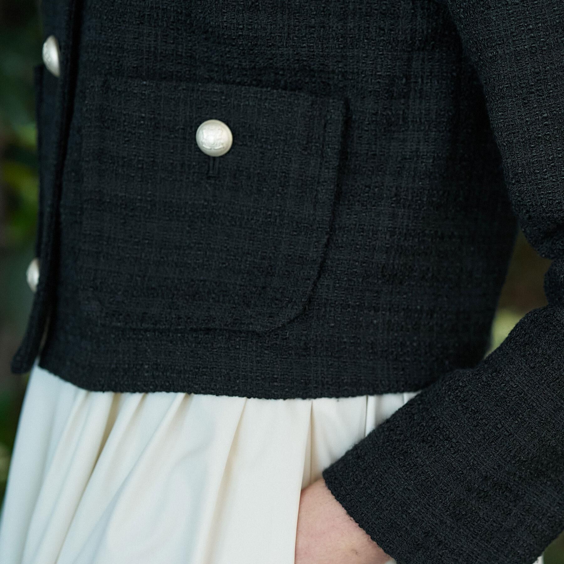 DRESSTERIOR「ブラックファンシーツイードジャケット」|ノーカラージャケット|