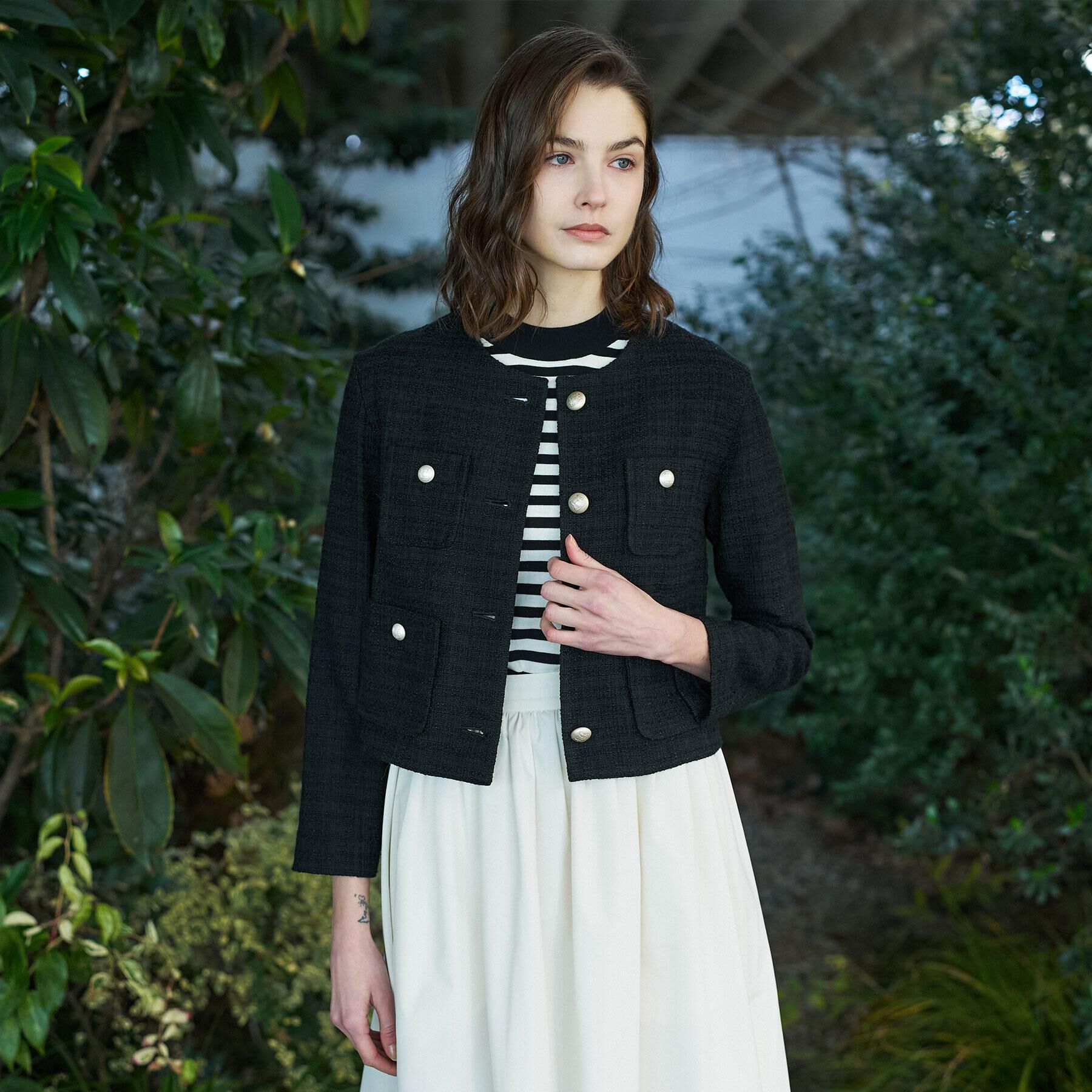 DRESSTERIOR「ブラックファンシーツイードジャケット」|ノーカラージャケット|