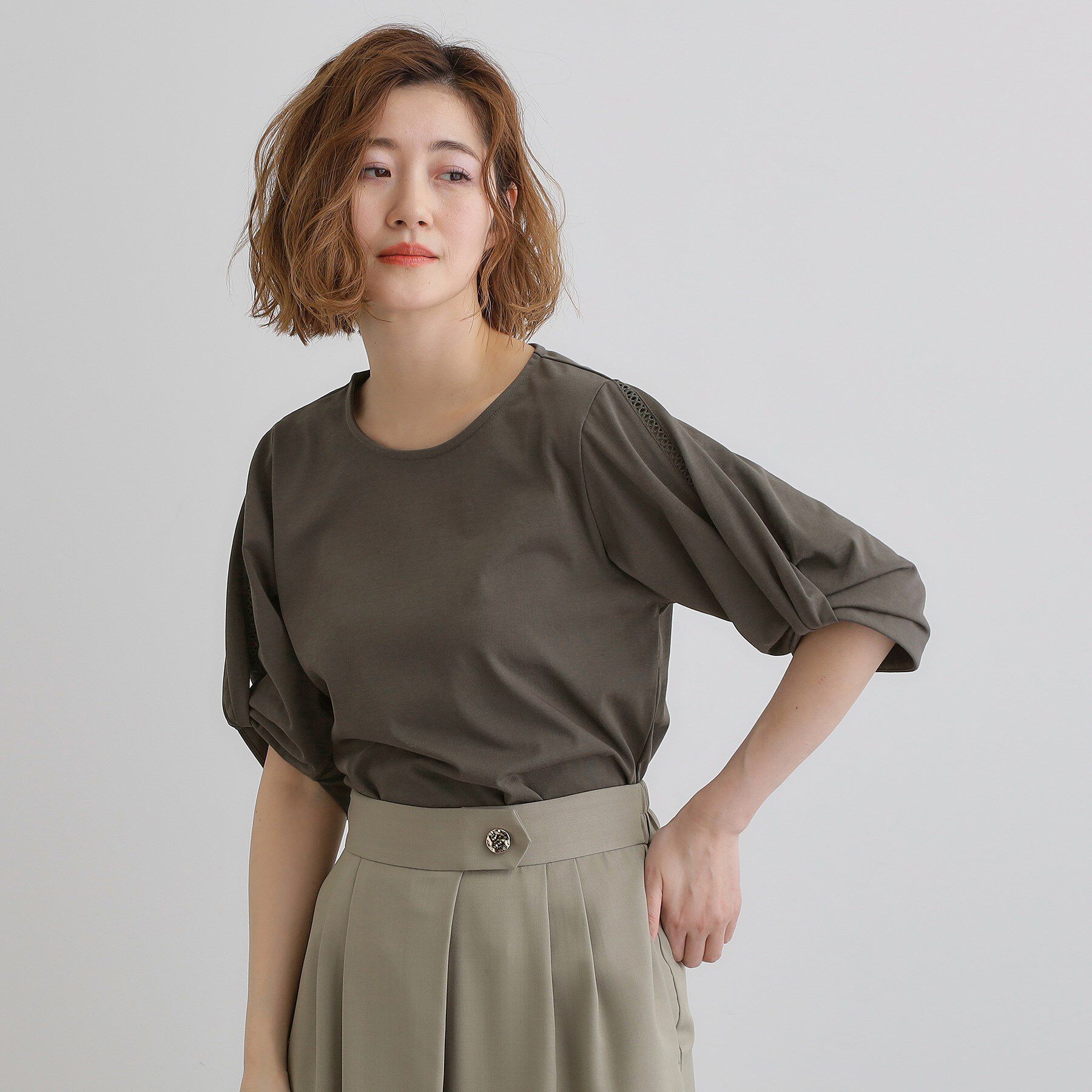 grove「【接触冷感・UVカットetc】レース切替え袖ねじりプルオーバー」|Tシャツ・カットソー|