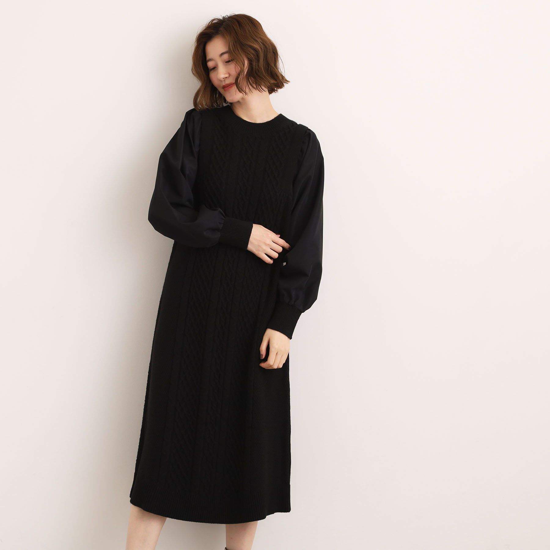 grove「一枚で華やぐ、袖布帛ケーブルニットワンピース」|ワンピース|