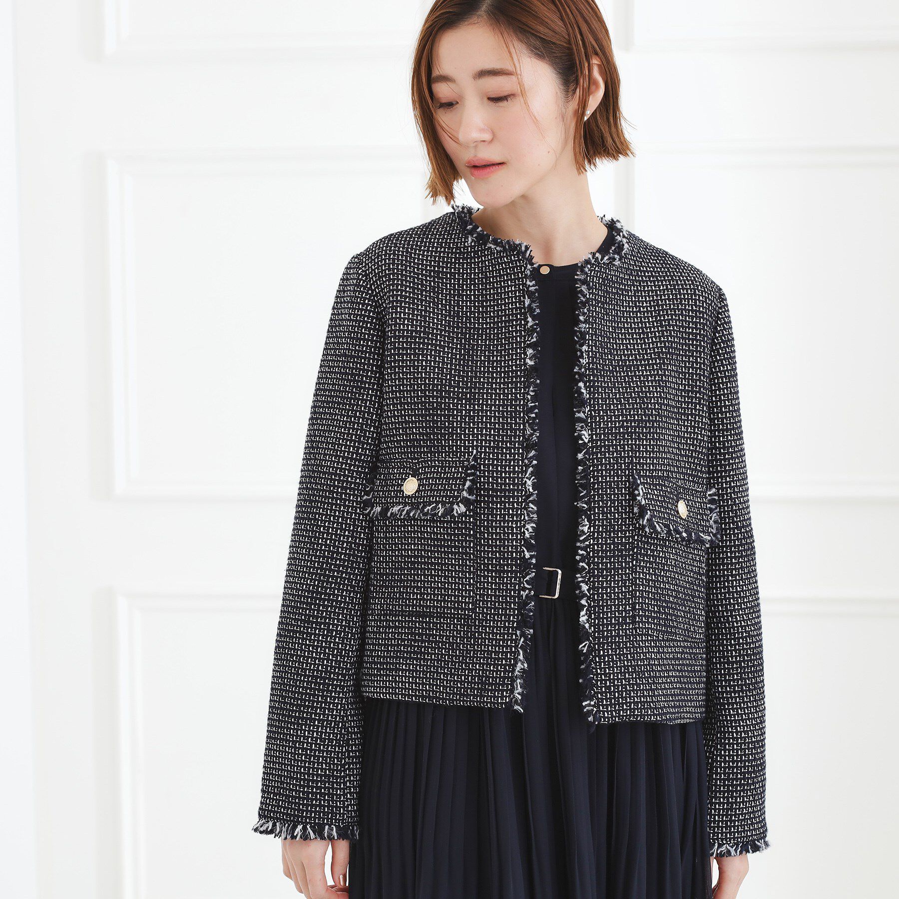 grove「【ハレの日・通勤】着回しできる上品ツイードジャケット」|ノーカラージャケット|