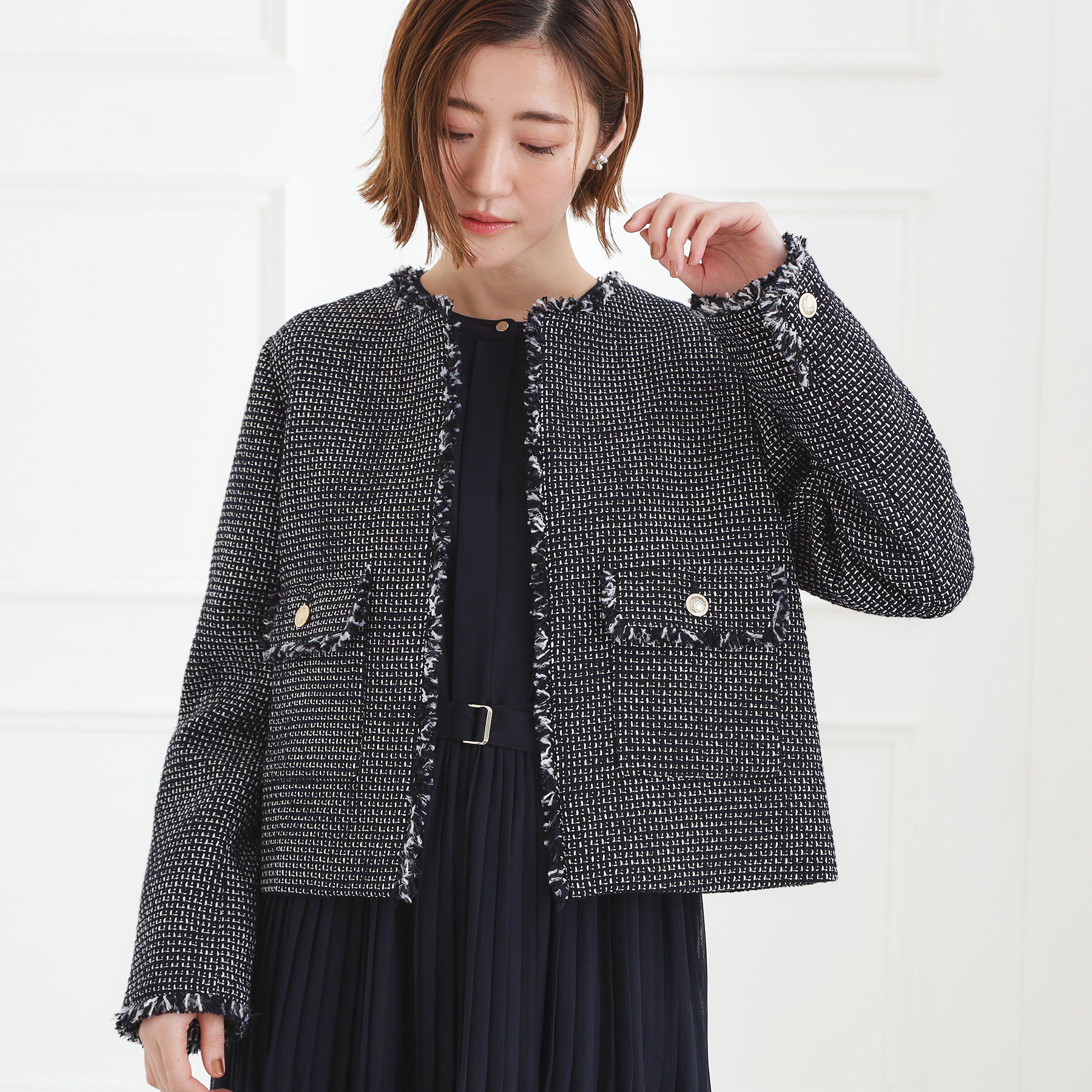 grove「【ハレの日・通勤】着回しできる上品ツイードジャケット」|ノーカラージャケット|