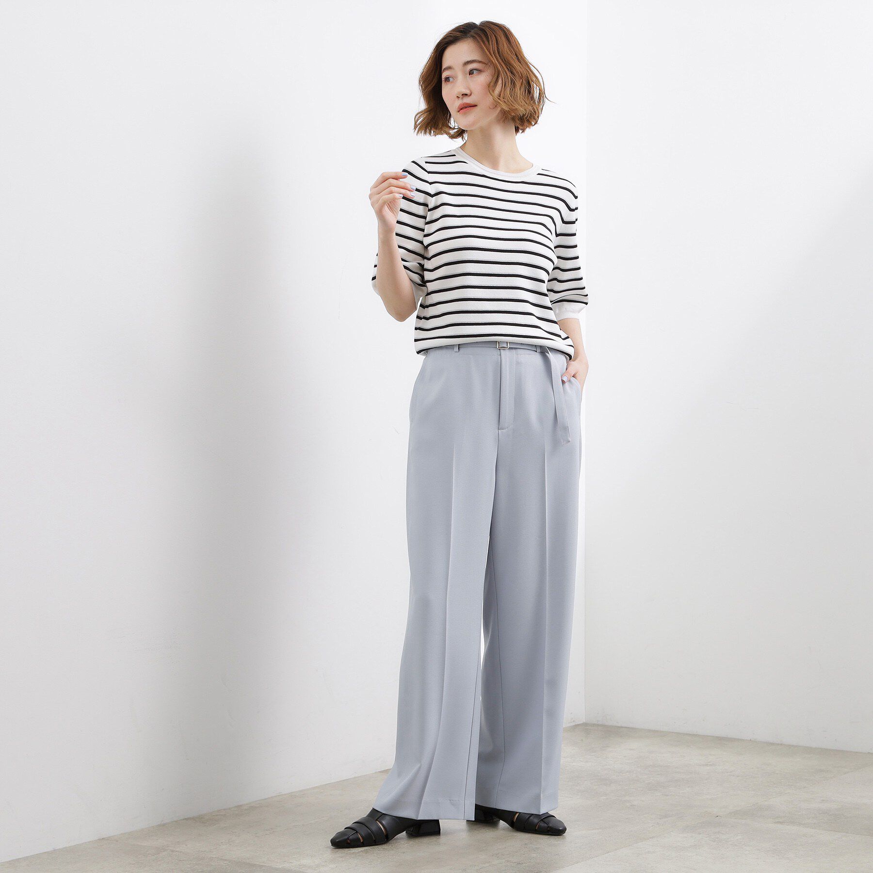 grove「【洗える/お仕事にも】ウエストすっきりベルト付ワイドパンツ」|その他|