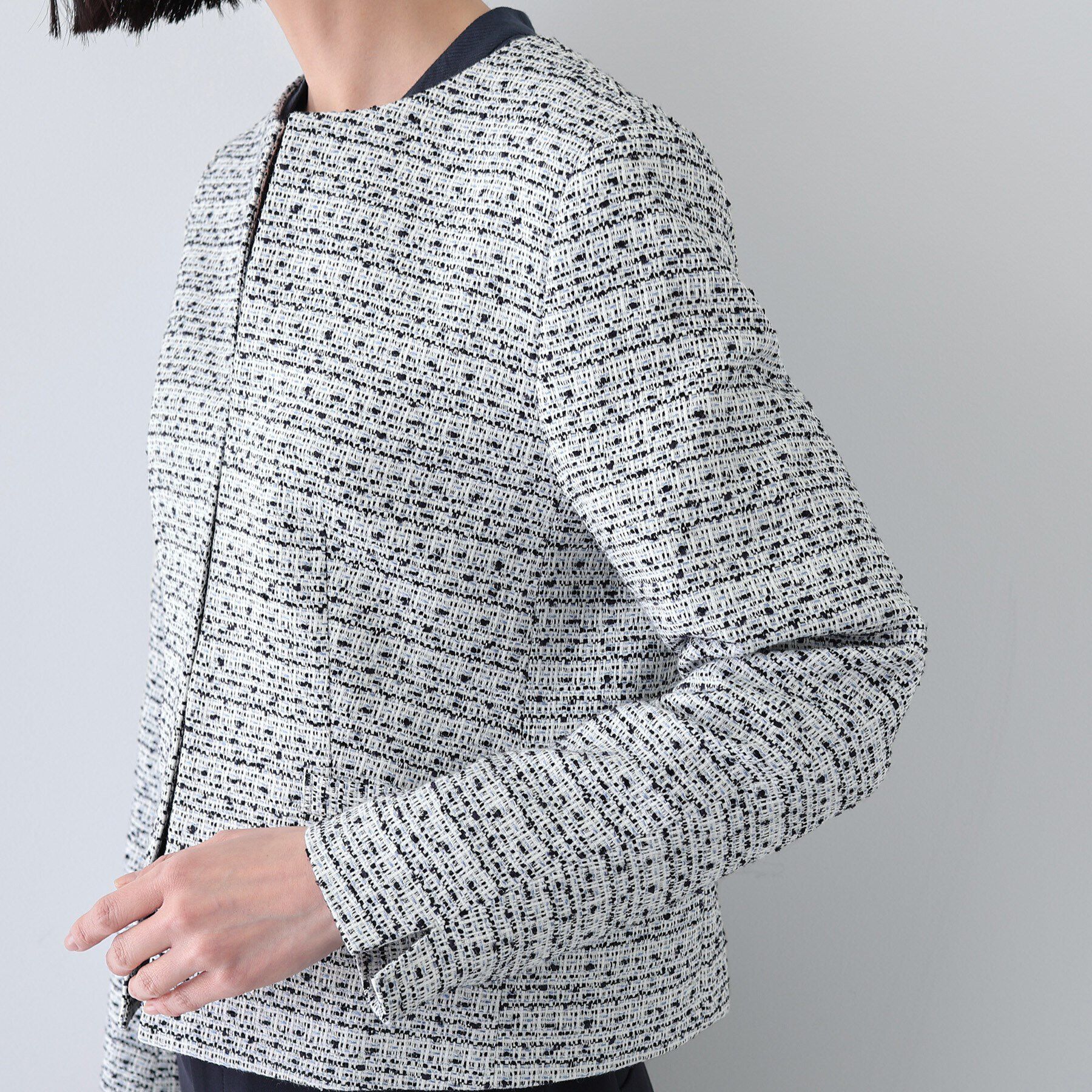 INDIVI「【華やか】ファンシーツイードジャケット」|ノーカラージャケット|