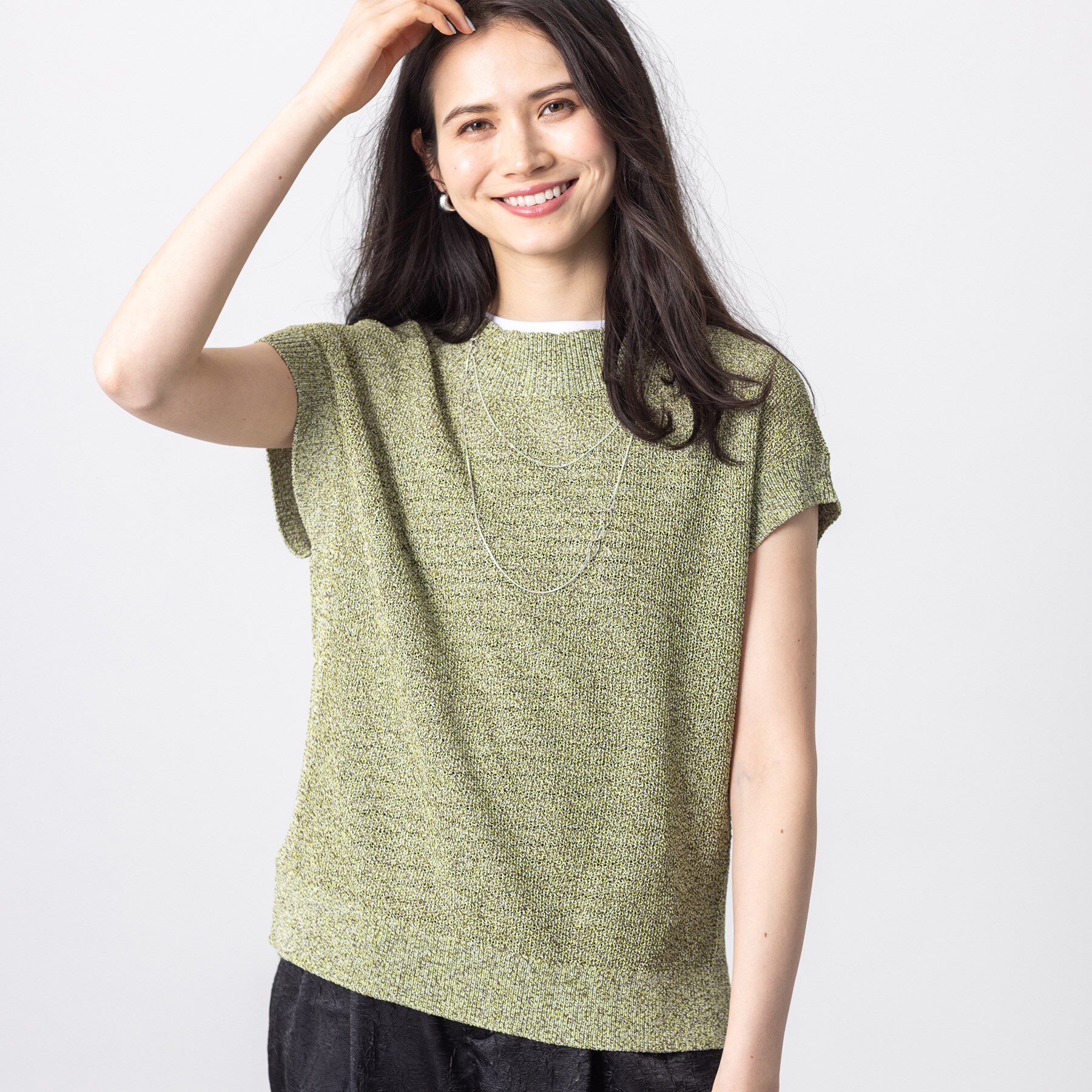 INDIVI「【和紙混素材】フレンチスリーブミックスカラーニット」|ニット・セーター|ミントグリーン(52