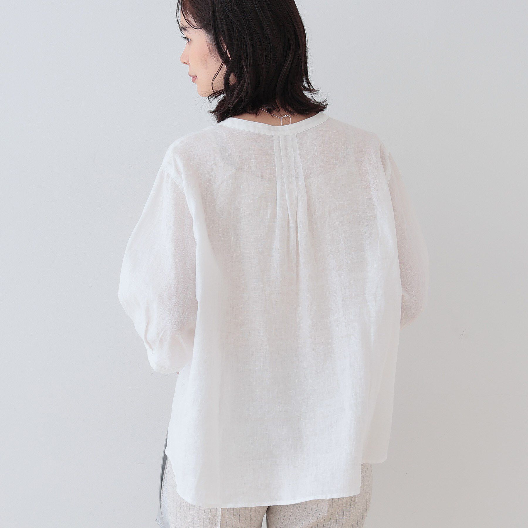 INDIVI「【毎年人気！／フレンチリネン】5分袖バンドカラーブラウス」|シャツ・ブラウス|