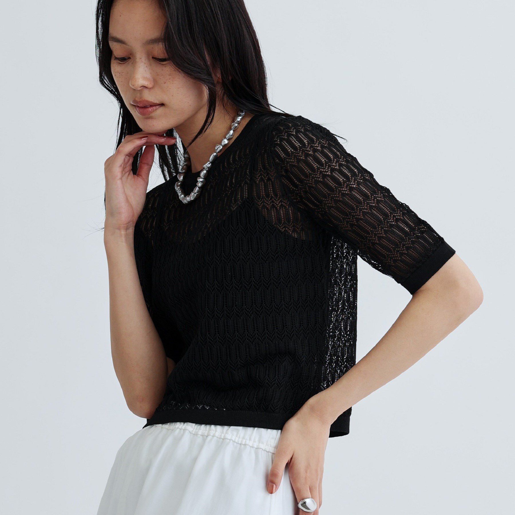 GALLEST「ハーフスリーブシアーニット」|ニット・セーター|ブラック(019)