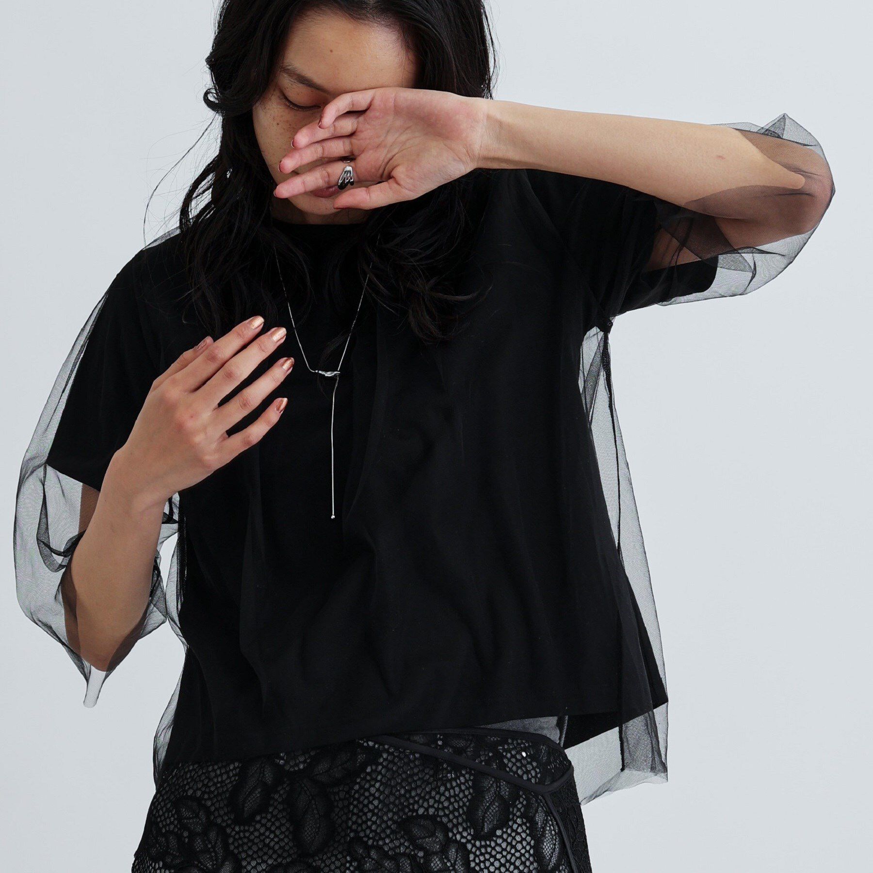 GALLEST「レイヤードチュールトップス」|Tシャツ・カットソー|ブラック(019)