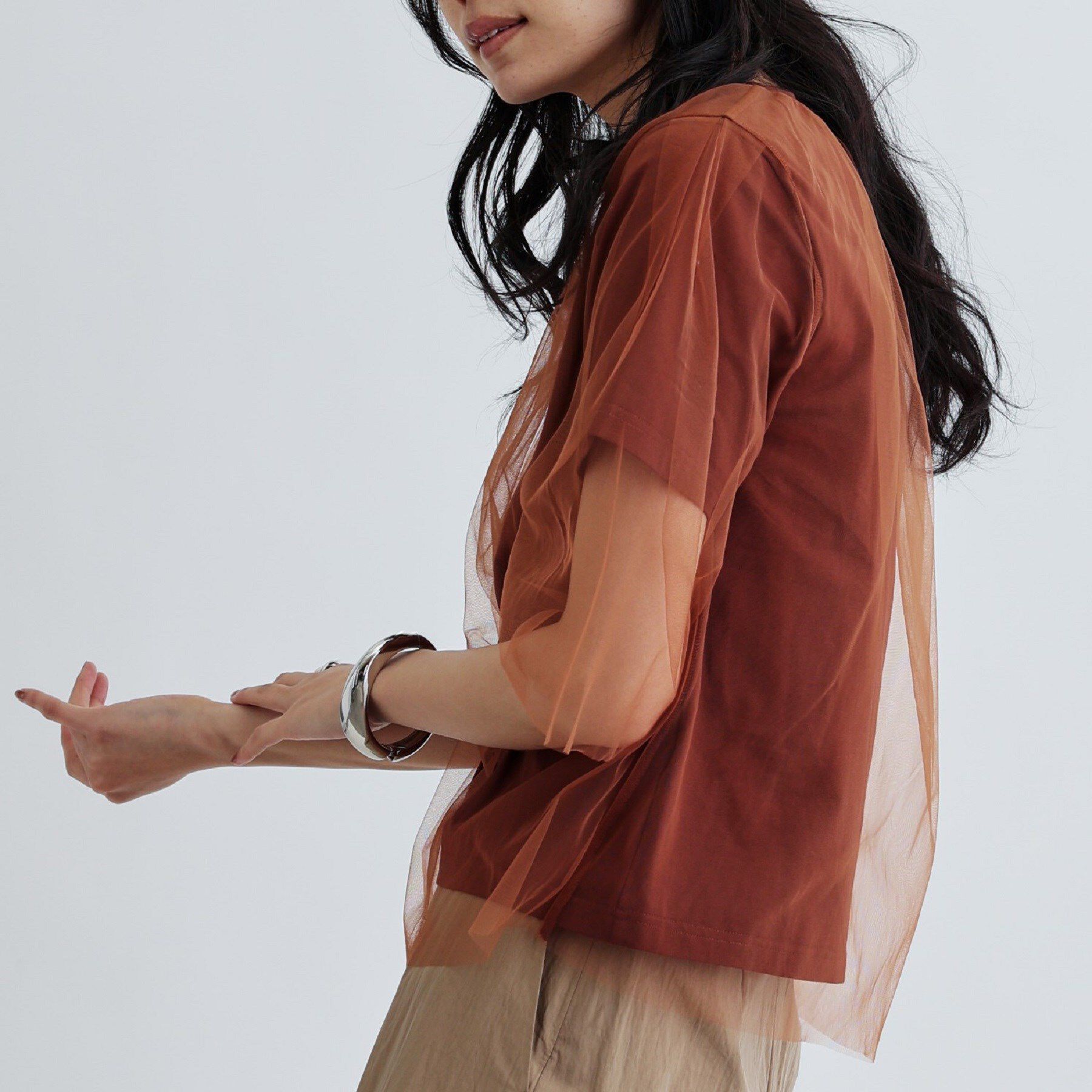 GALLEST「レイヤードチュールトップス」|Tシャツ・カットソー|ブラウン(043)