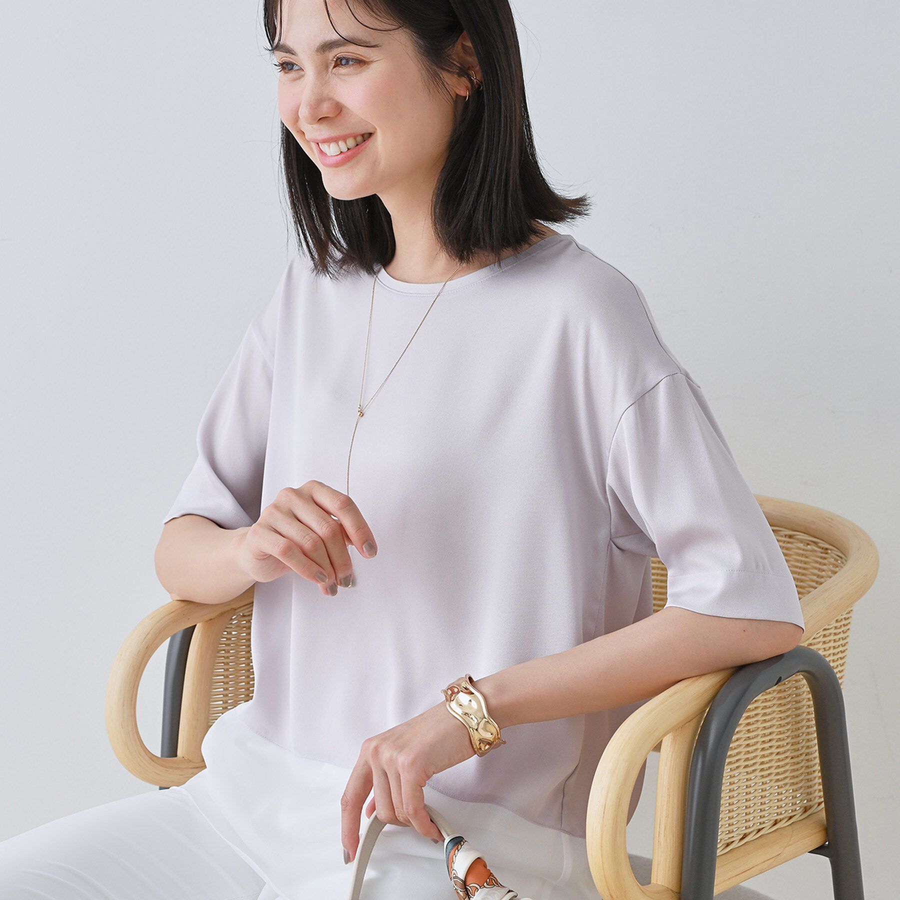 INDIVI「【洗える】裾シアー半袖トップス」|Tシャツ・カットソー|ライトグレー(011