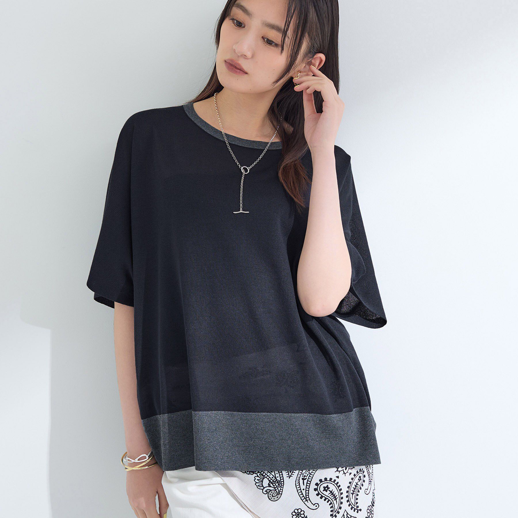 INDIVI「【洗える／二の腕カバー】バイカラーラメニット」|ニット・セーター|ネイビー(594)