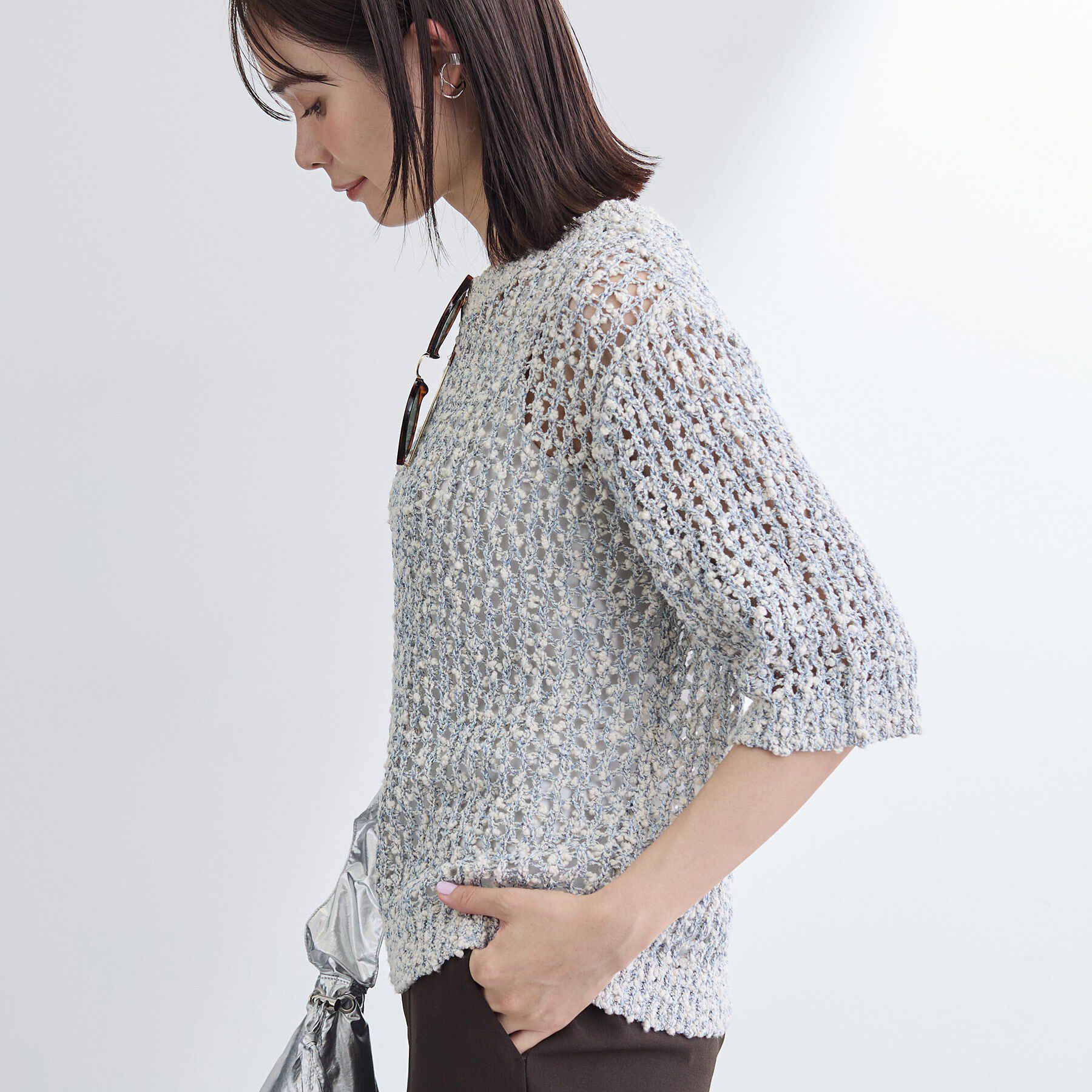 INDIVI「【洗える／ラメ混／5分袖】イタリア糸ファンシーヤーンニット」|ニット・セーター|