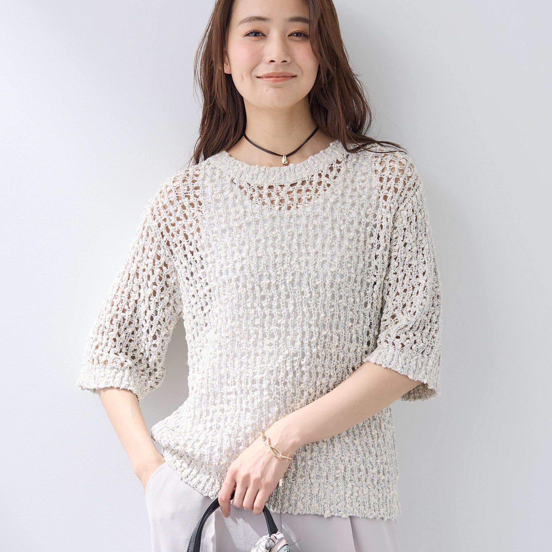 INDIVI「【洗える／ラメ混／5分袖】イタリア糸ファンシーヤーンニット」|ニット・セーター|