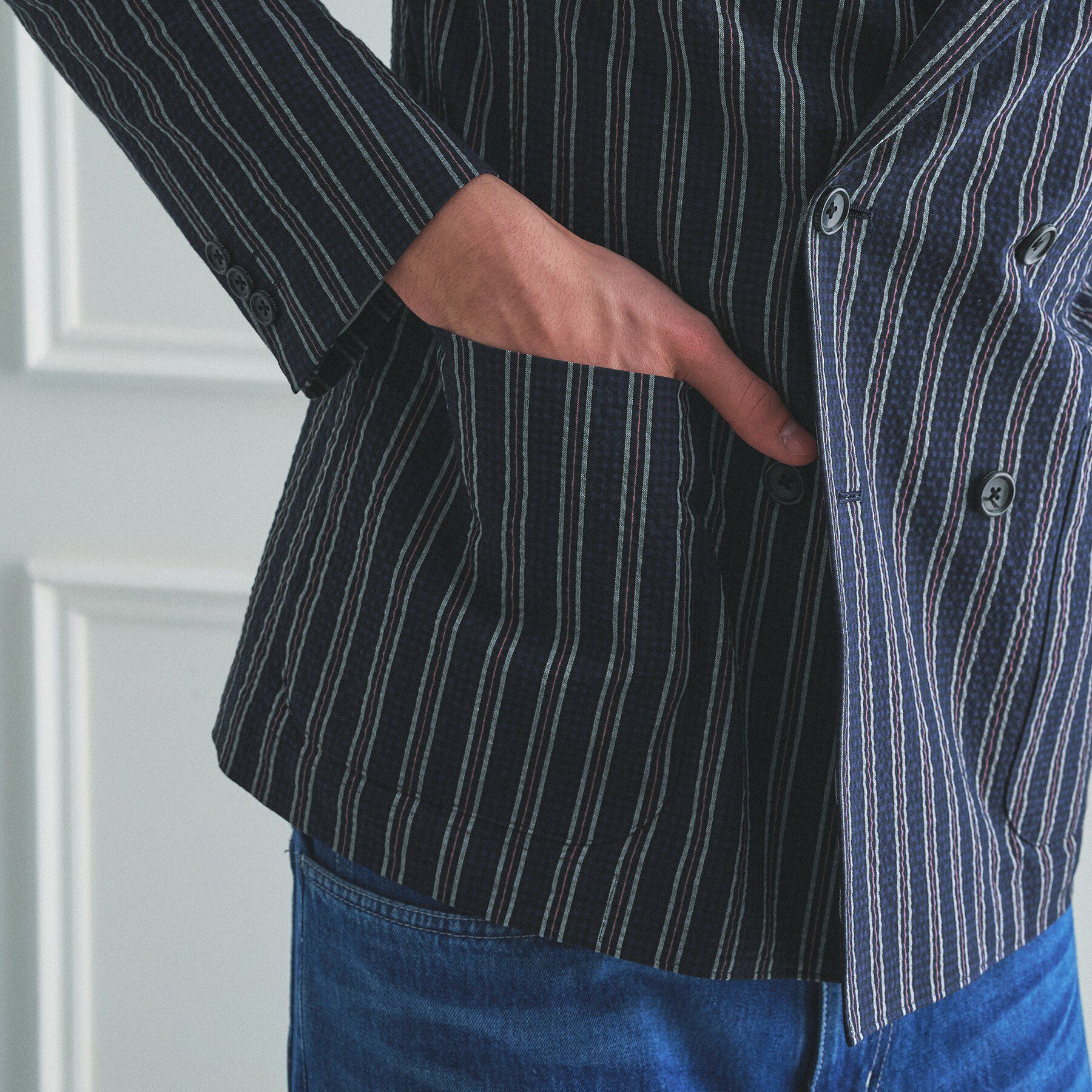 TAKEO KIKUCHI「【BOWLER HAT LABEL】サッカーストライプ ダブルジャケット」|テーラードジャケット|