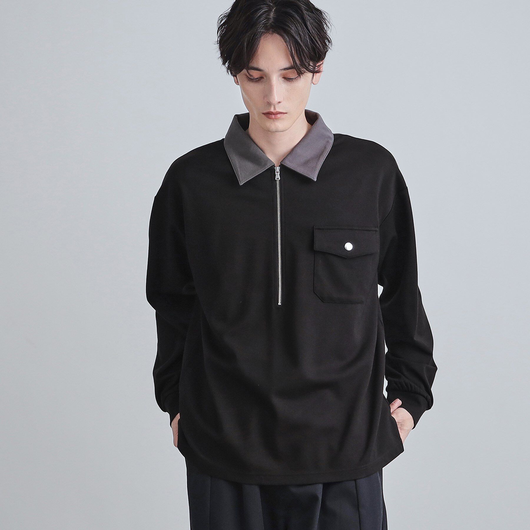 tk.TAKEO KIKUCHI「ハードポンチクレリックハーフジップカットソー/ポケット/襟配色/バイカラー」|Tシャツ・カットソー|ブラック(019)